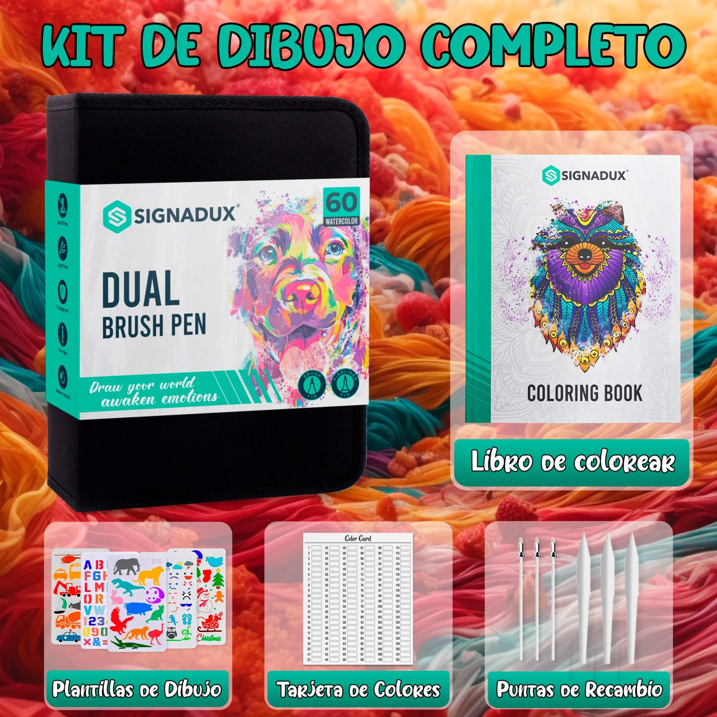 Set Creativo SIGNADUX ®  Rotuladores punta pincel y fina. Estimula su imaginación.