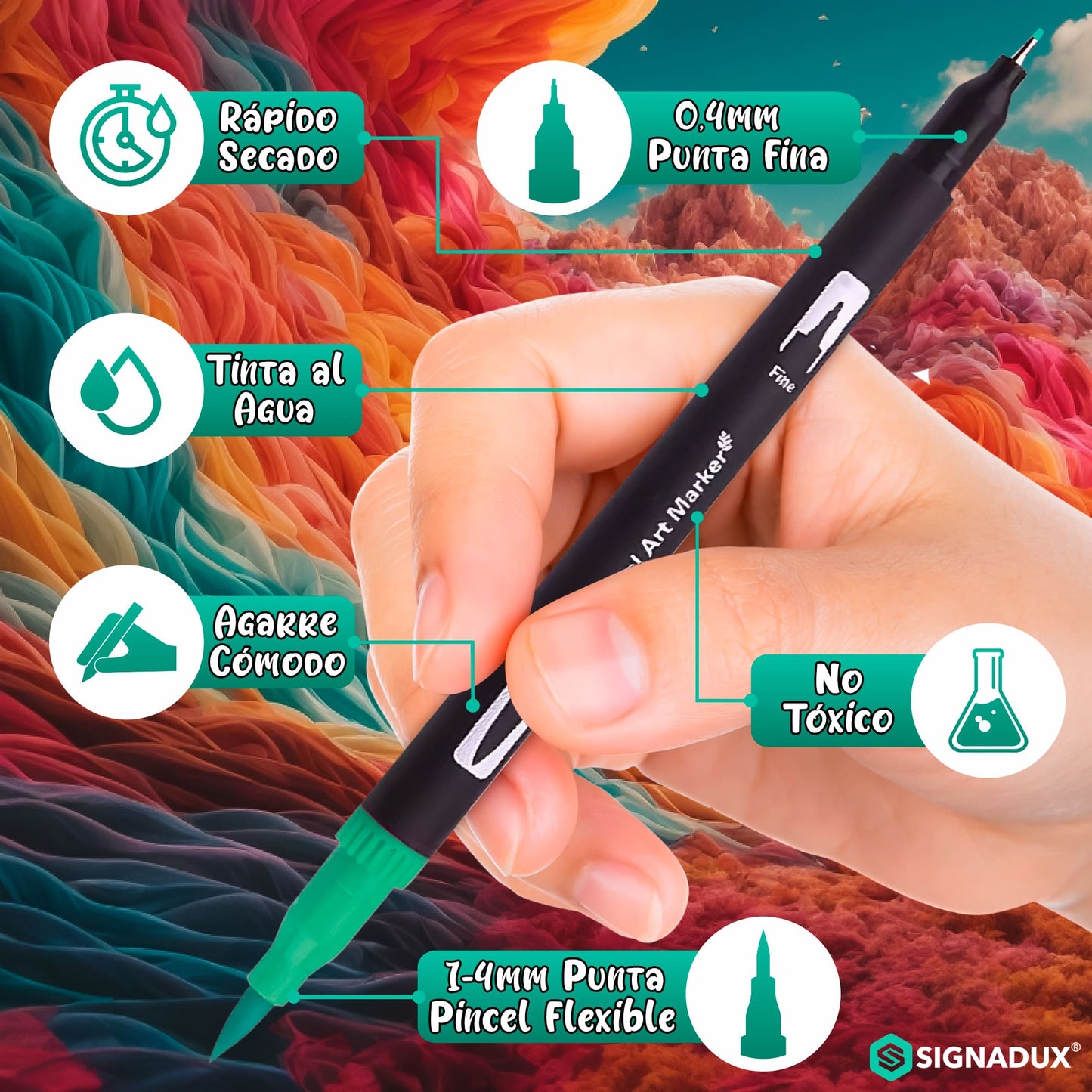 Set Creativo SIGNADUX ®  Rotuladores punta pincel y fina. Estimula su imaginación.