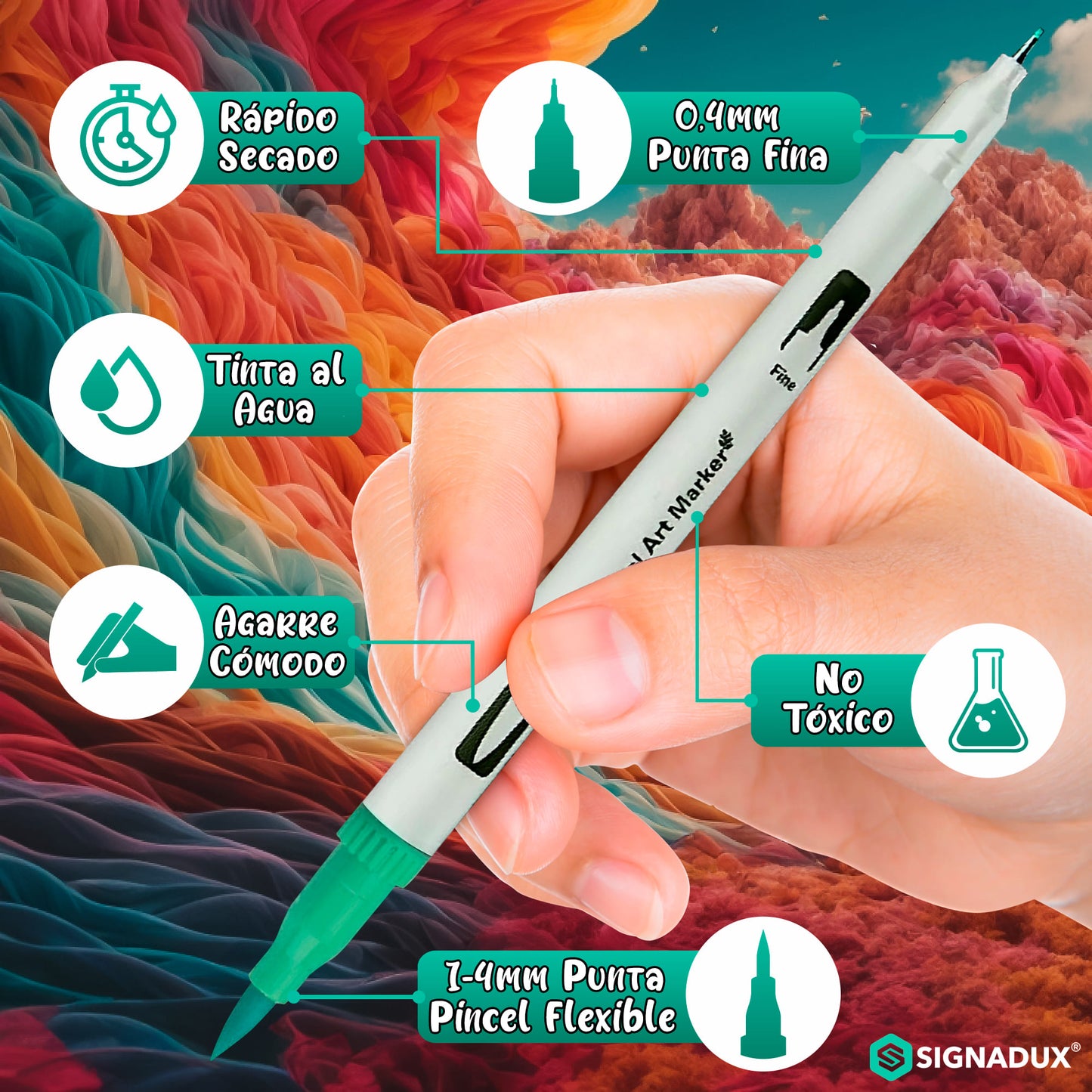 Set Creativo SIGNADUX ®  Rotuladores punta pincel y fina. Estimula su imaginación.